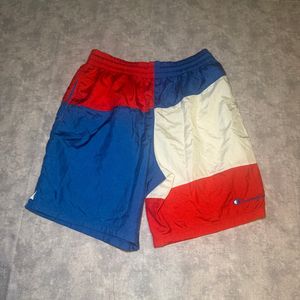 Champion Mens Colorblock Nylon Mesh Lined Shorts Red White Blue Large
